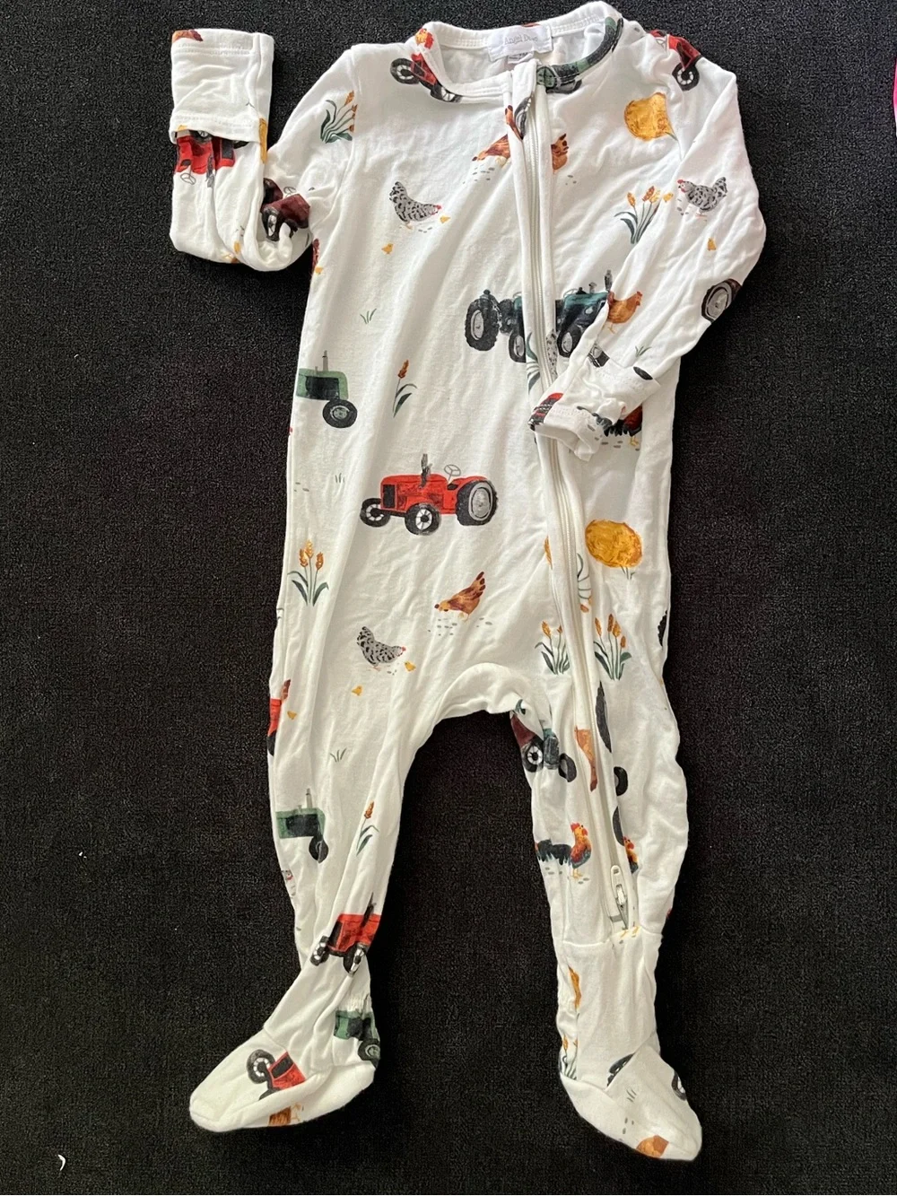 Angel Dear White Footed One-Piece with Red and Green Tractor Print